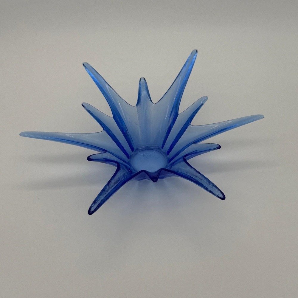 Vintage Blue Art Glass Starburst Bowl Mid Century Modern Sunburst Dish‎ 8.5"